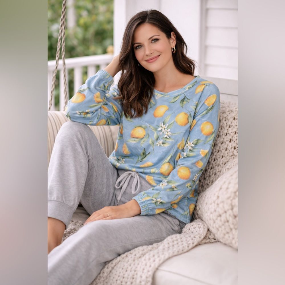 PJ Salvage Citrus Print Long Sleeve Top Womens Medium Blue Oranges Lounge Shirt